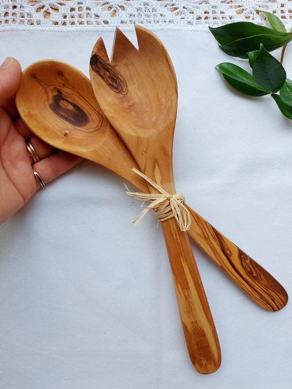 Posate in legno di ulivo - cucchiaio e forchetta per insalata - olivo  massello - 30 cm